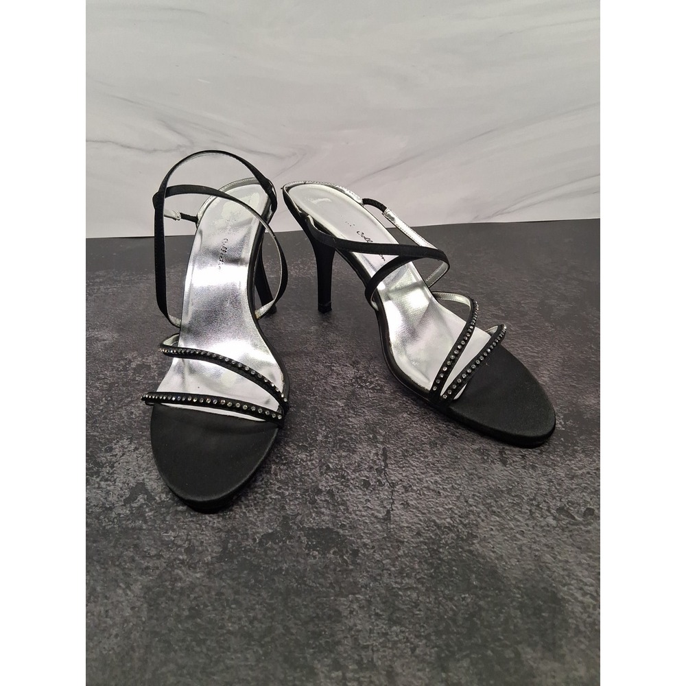 Vintage Stefani Coll. Black Satin Rhinestone ~4" Strappy Heels - Prom, Wedding